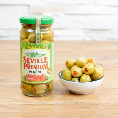 Olivy zelené plněné chilli papričkou - sklo - SEVILLE PREMIUM - 235 g