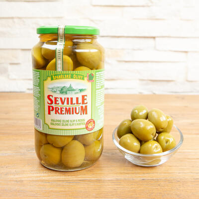 Olivy zelené s peckou - královské - sklo - SEVILLE PREMIUM - 935 g
