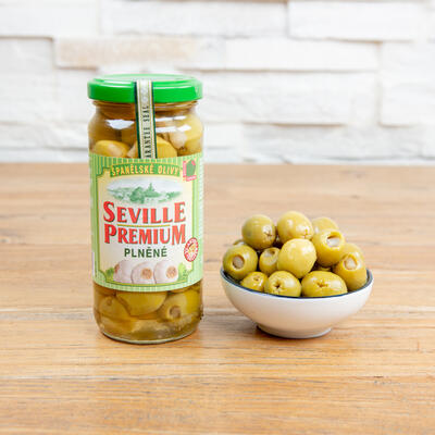 Olivy zelené plněné česnekem - sklo - SEVILLE PREMIUM - 235 g