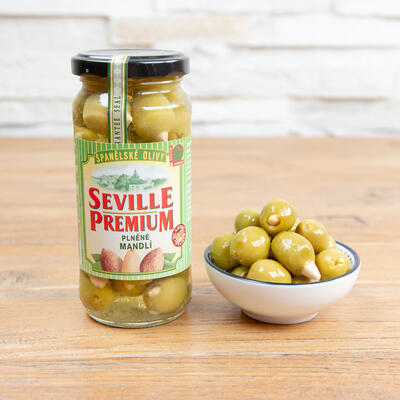 Olivy zelené plněné mandlí - sklo - SEVILLE PREMIUM - 235 g